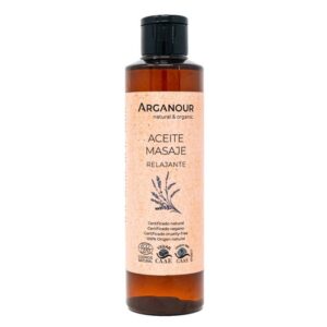 Botella de Aceite de Masaje Relajante con aceites esenciales naturales.