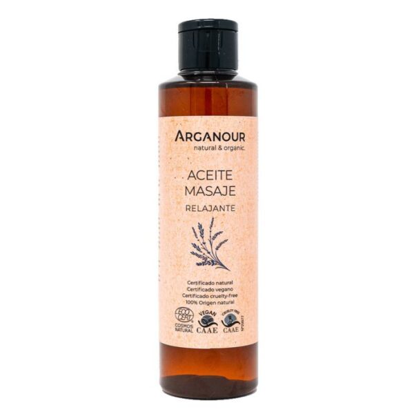 Botella de Aceite de Masaje Relajante con aceites esenciales naturales.